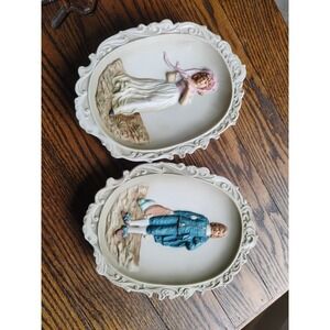 Vintage Lefton Blue Boy/Pinky Girl Set of Porcelain Bisque Wall Hangings KW3504